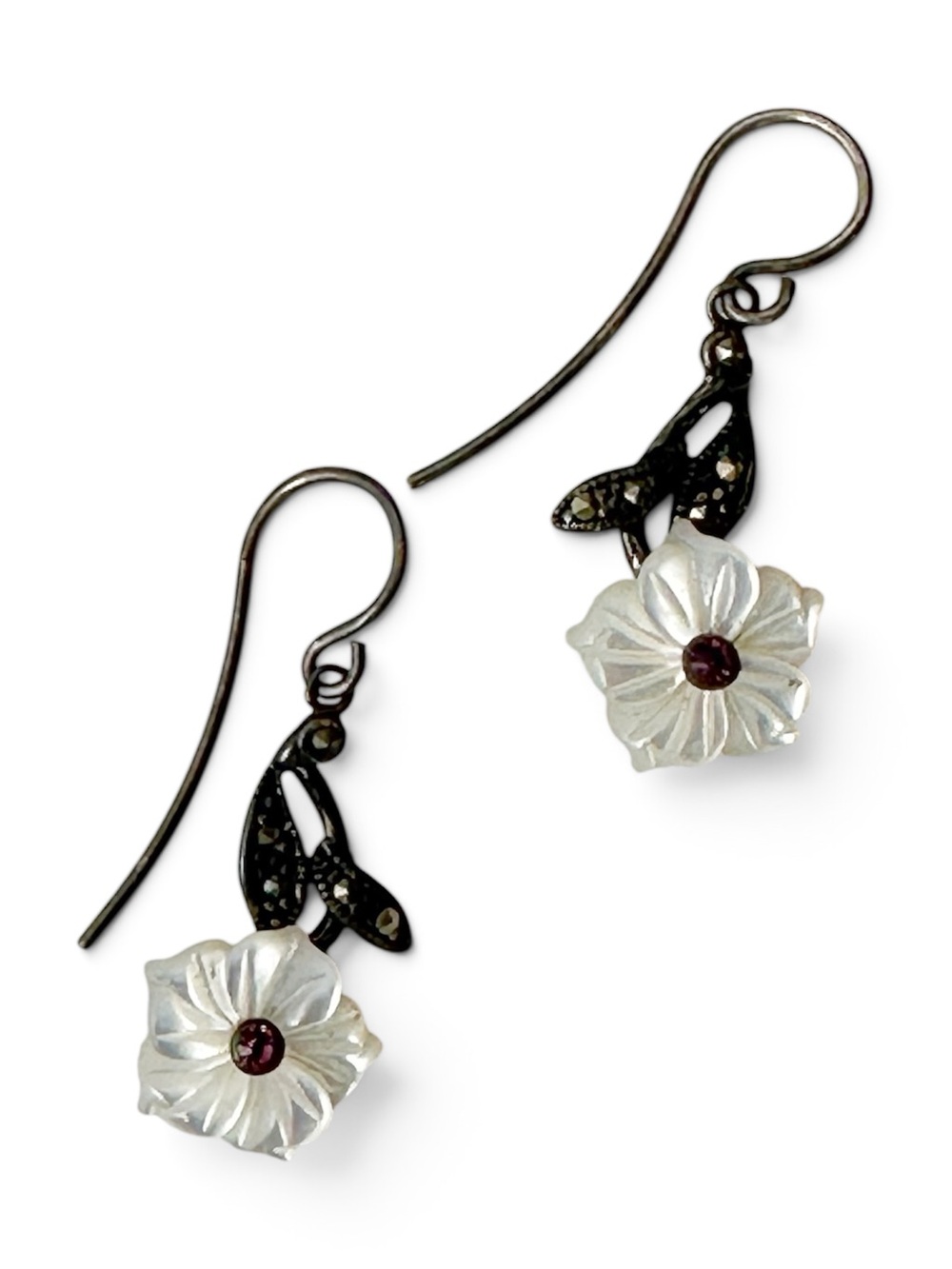 Delicate White Mother-of-Pearl Flower Drop Earrings with Purple Accent Stone
